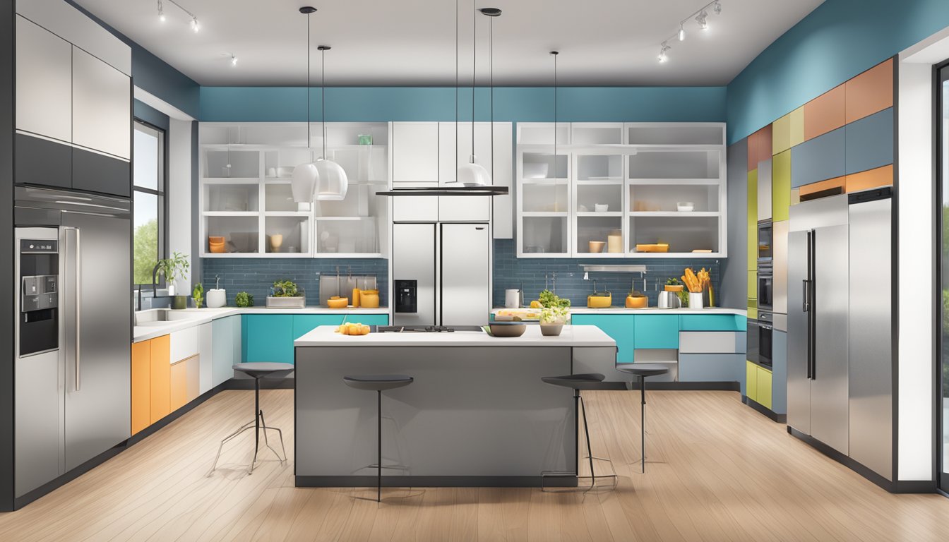 A spacious, well-lit kitchen showroom with modern, sleek furniture on display. Bright colors and clean lines create an inviting atmosphere for customers to explore