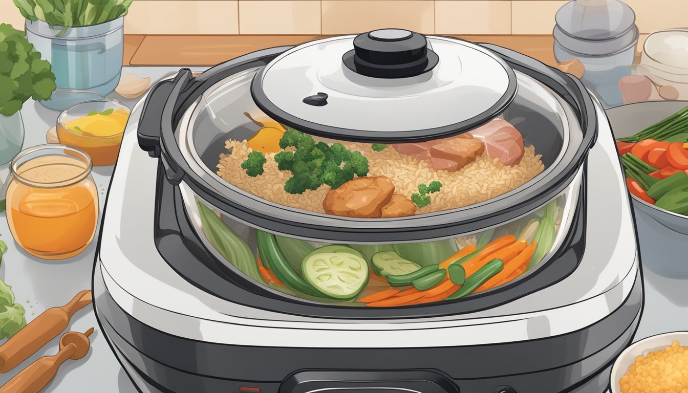 A rice cooker sits on a kitchen counter, steam rising from its open lid. Various ingredients surround it, including vegetables, meats, and spices. The cooker is filled with a colorful, flavorful dish beyond just rice
