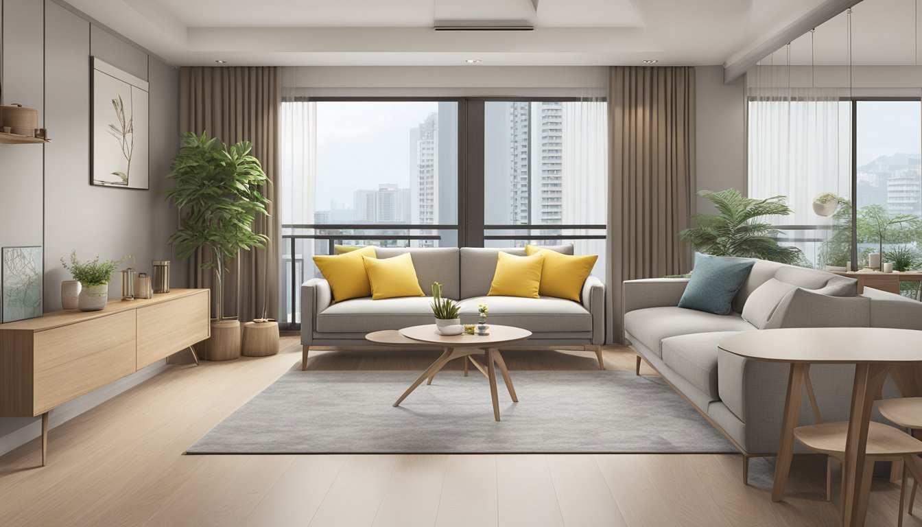 A spacious 4-room HDB flat undergoes a modern renovation, with sleek new fixtures and a fresh color scheme, creating a bright and inviting living space