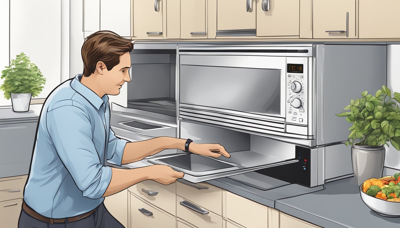 A customer service representative provides purchase information for an Europace microwave oven