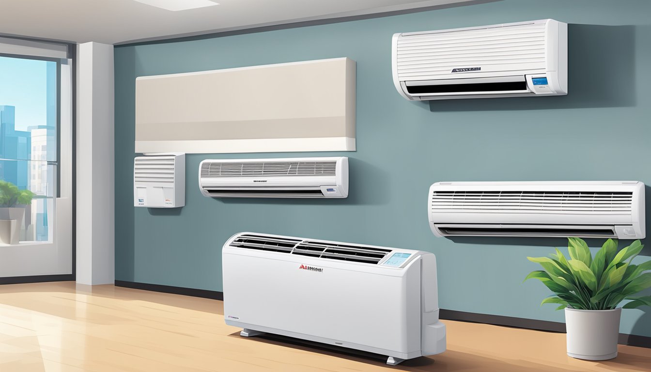 A Mitsubishi aircon system 2 displayed with price tag in a well-lit showroom
