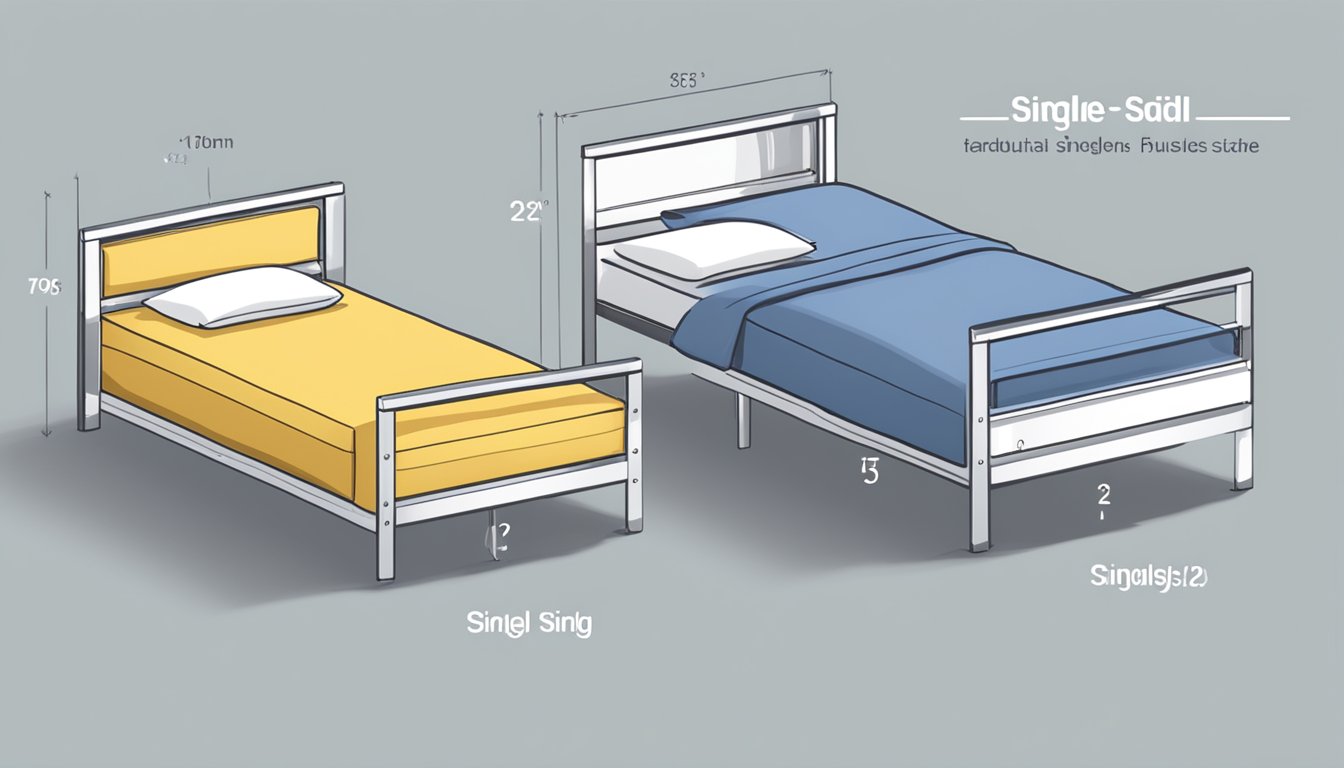 Two beds side by side, one labeled "Single" and the other "Super Single." A ruler or measuring tape can be included for size comparison