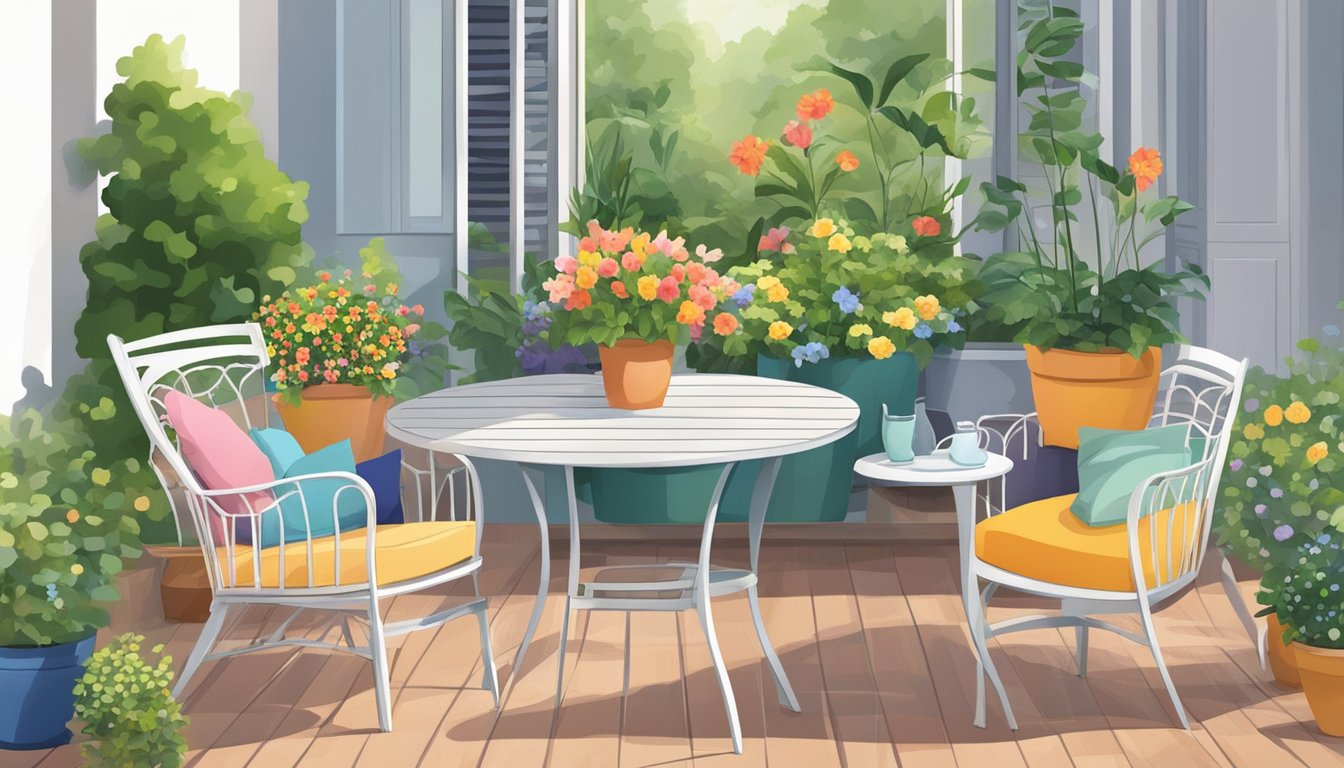 Garden chairs arranged on a patio, surrounded by potted plants and colorful cushions. A small table with a vase of flowers completes the cozy outdoor space