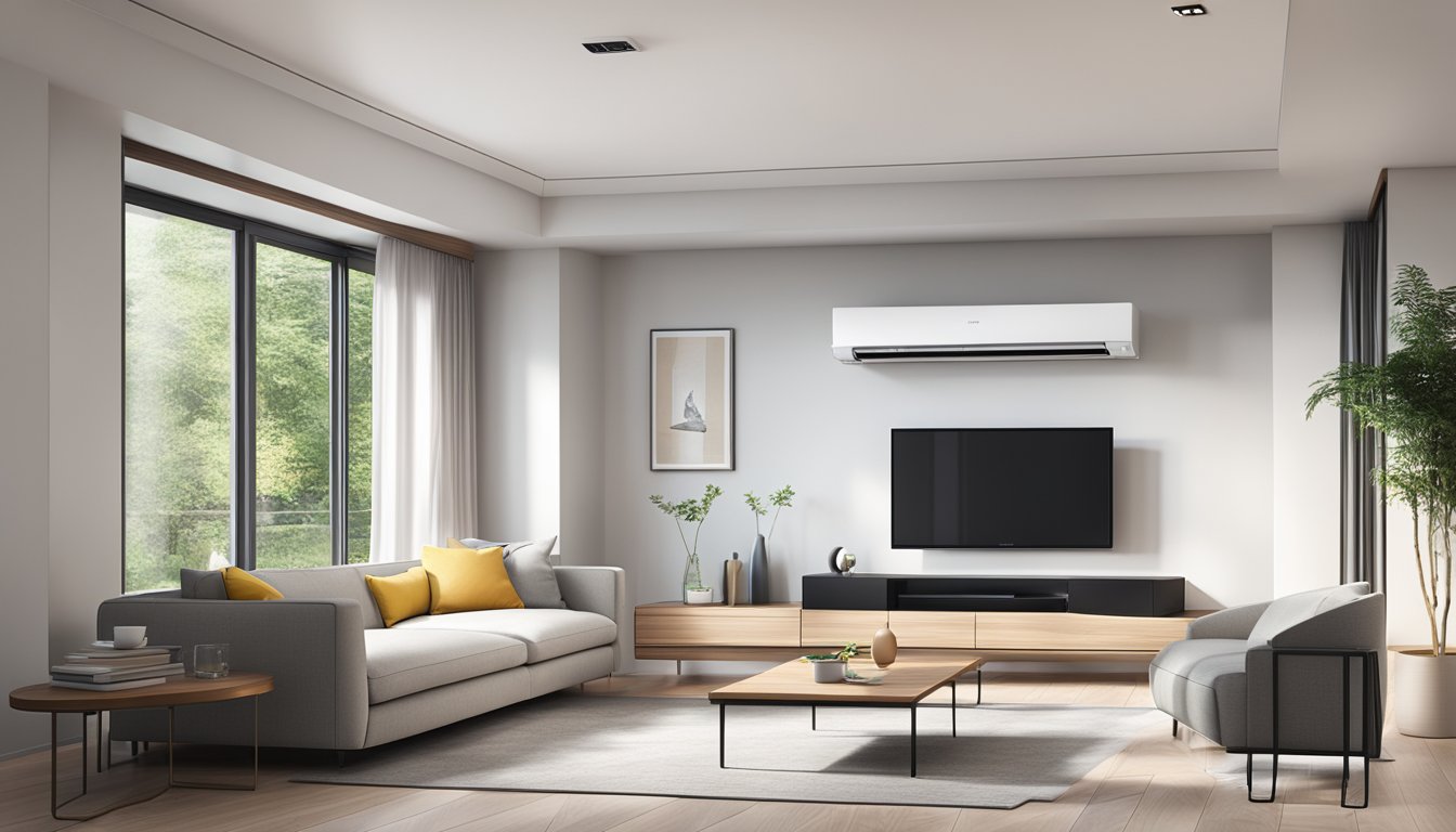 Two Mitsubishi System 2 Aircons in a modern living room, with sleek design and advanced specifications