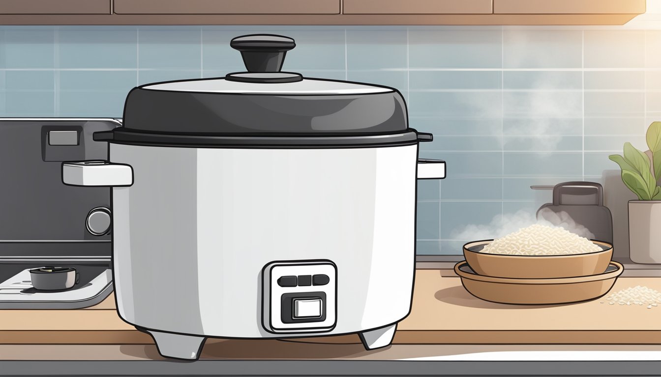 A small rice cooker sits on a kitchen countertop in Singapore. Steam rises from the cooker as it prepares a batch of rice