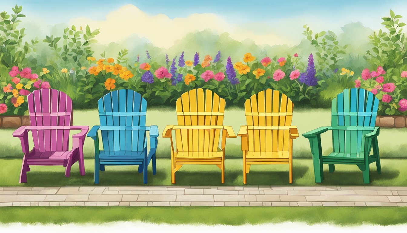 A row of colorful garden chairs arranged neatly in an outdoor setting, with a sign reading "Frequently Asked Questions" displayed prominently