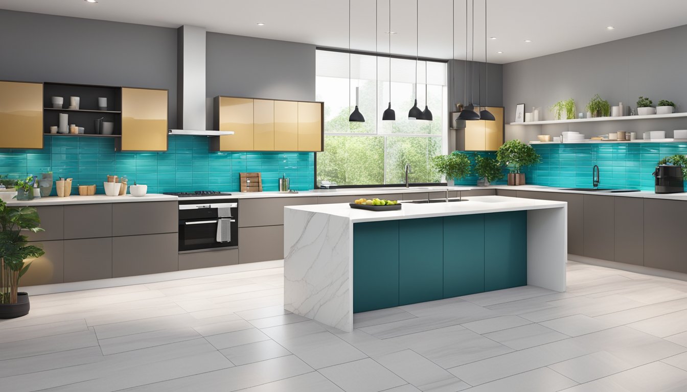 A spacious, modern kitchen showroom with sleek countertops, shiny appliances, and vibrant backsplash tiles at Unbeatable Deals Megafurniture in Singapore