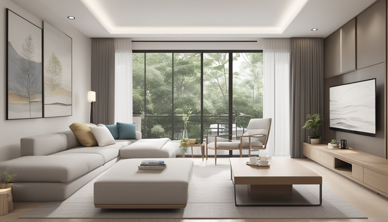 A spacious, modern 4-room HDB resale flat with a sleek, minimalist interior design. Clean lines, neutral colors, and plenty of natural light create a serene and inviting atmosphere