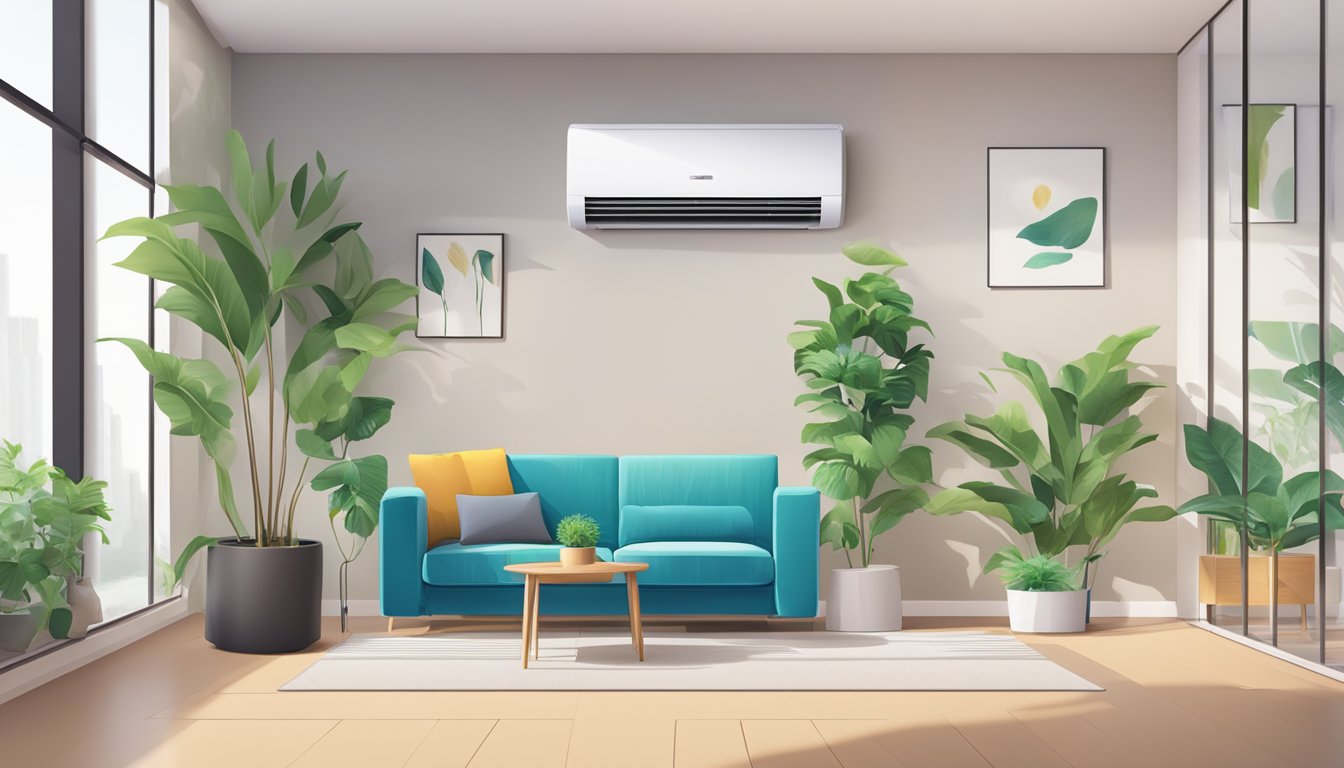A modern living room with a sleek Midea air conditioner mounted on the wall, surrounded by minimalist furniture and a vibrant indoor plant