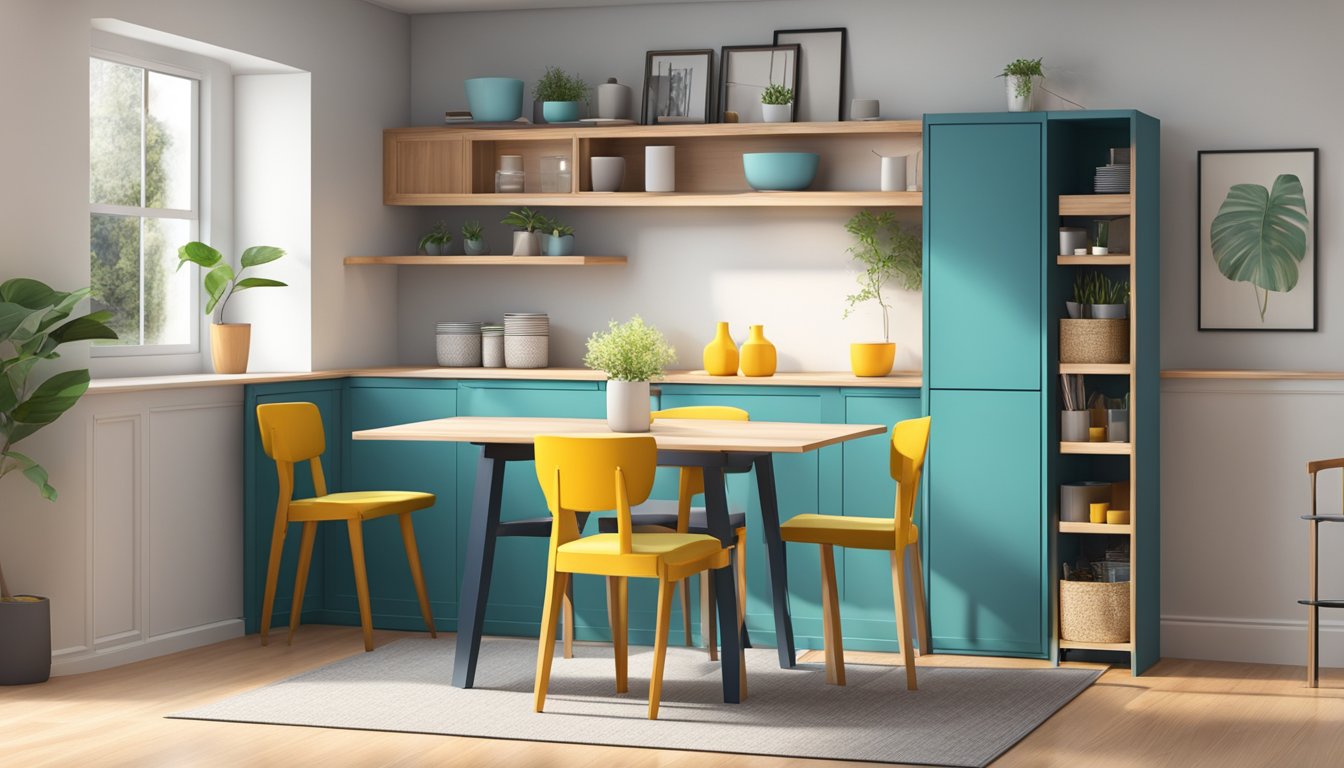 A compact dining table with foldable chairs in a cozy corner, surrounded by multi-functional storage cabinets and shelves
