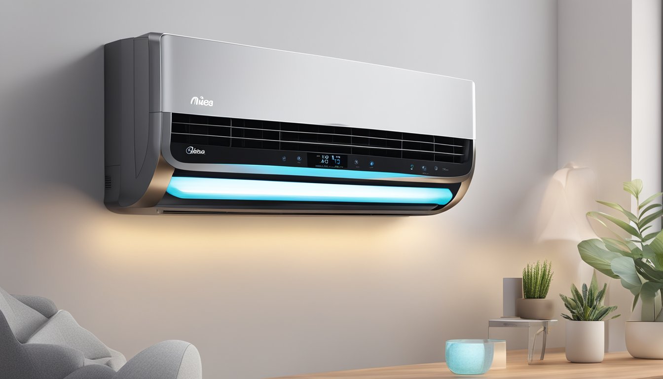 A hand reaches out to touch the sleek, modern design of a Midea air conditioner. The LED display glows with various temperature and fan speed settings, showcasing the advanced features of the unit
