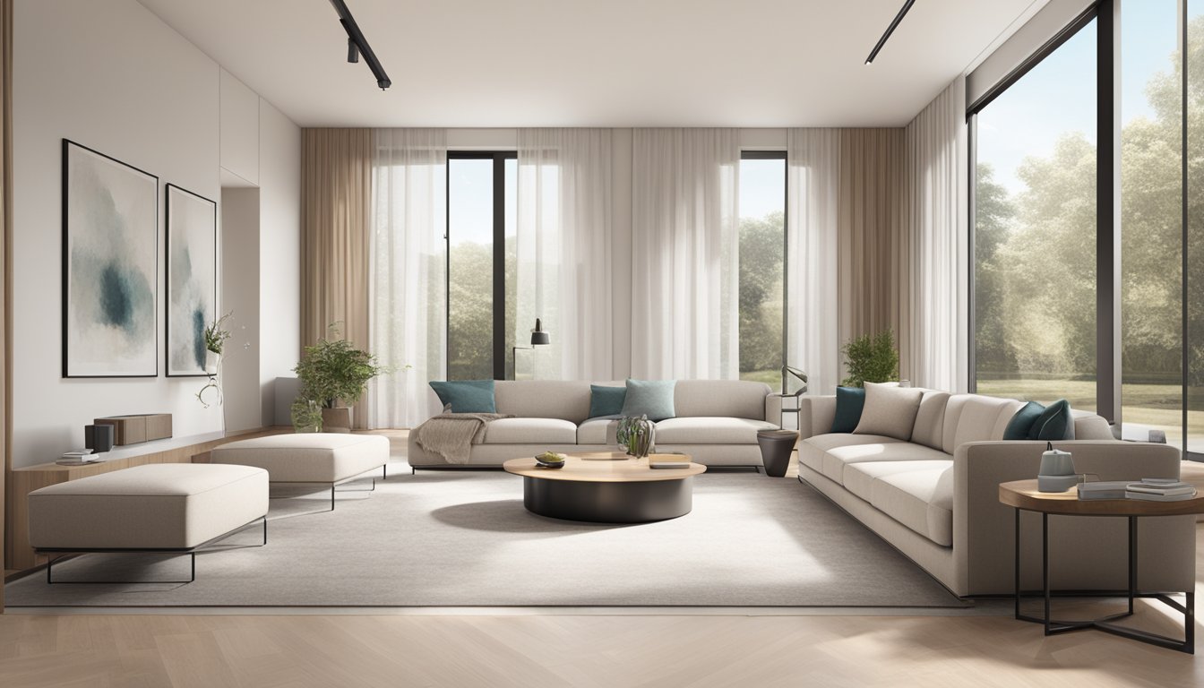A living room with neutral-toned walls, modern furniture, and a sleek entertainment center. The space is bright and airy with large windows and minimalist decor