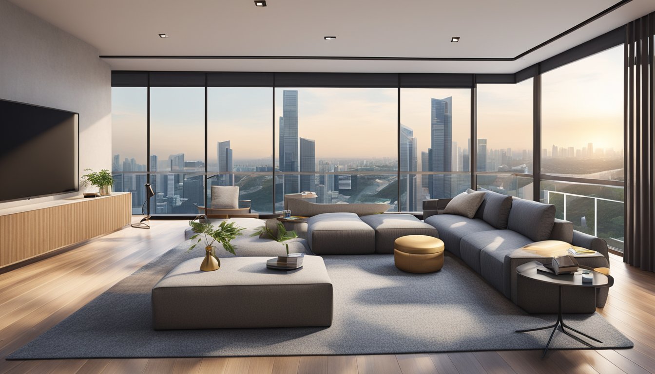 A modern living room in Singapore with sleek furniture, large windows letting in natural light, and a view of the city skyline