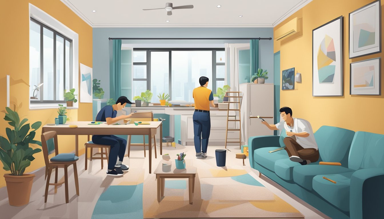 A spacious 4-room HDB flat undergoing renovation, with workers installing new fixtures and painting the walls. Furniture and appliances are neatly arranged in one corner