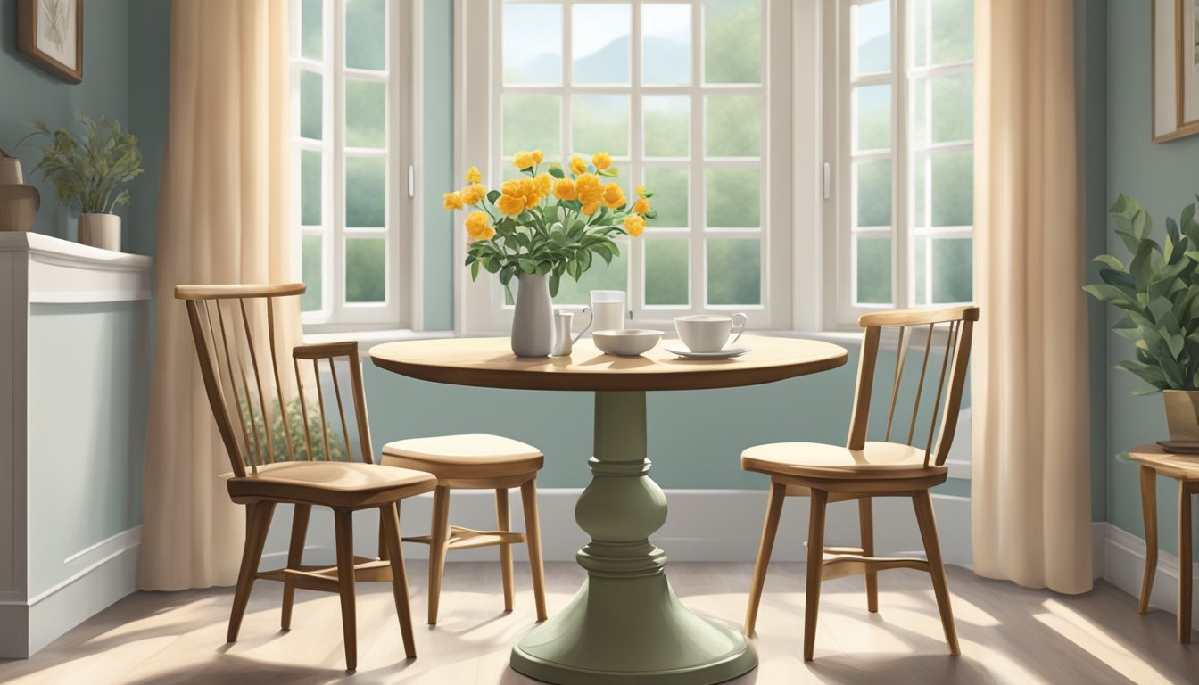 A small dining area with a round table and two chairs, set against a window with natural light. The table is adorned with a simple centerpiece, and the walls are decorated with framed artwork