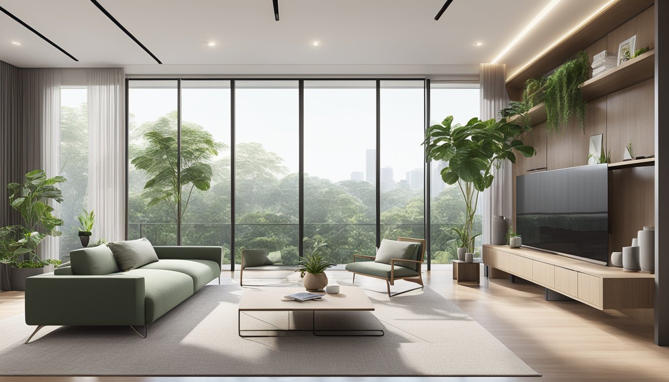 A modern living room in Singapore, featuring sleek furniture, clean lines, and a neutral color palette. Large windows let in natural light, with lush green plants adding a touch of nature to the space