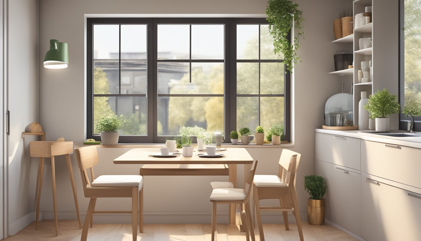 A cozy dining area with a compact table and chairs, clever storage solutions, and efficient use of space. Bright and inviting atmosphere with natural light