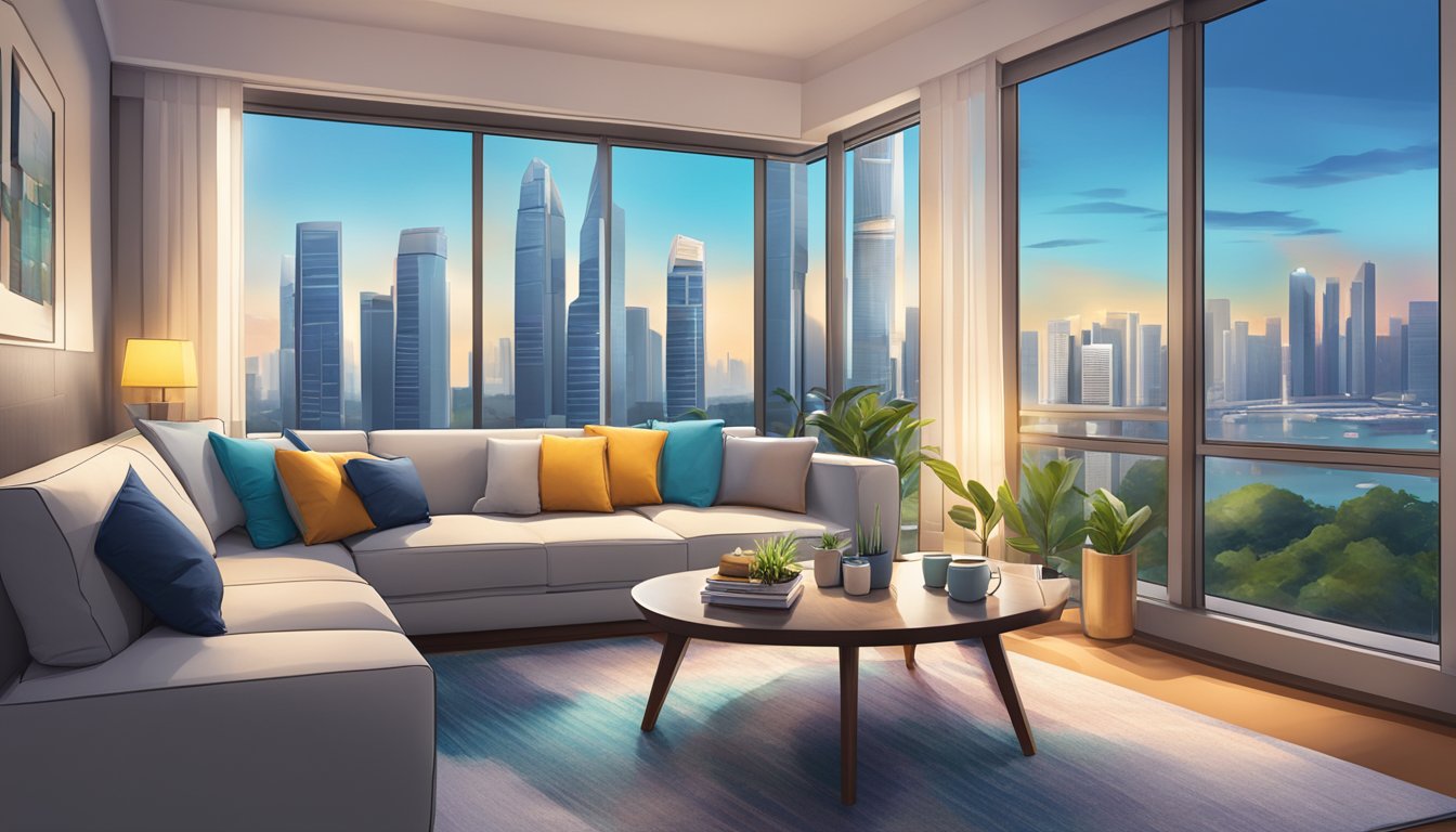 A cozy living room in Singapore with a sleek sofa, vibrant accent pillows, a modern coffee table, and a large window overlooking the city skyline