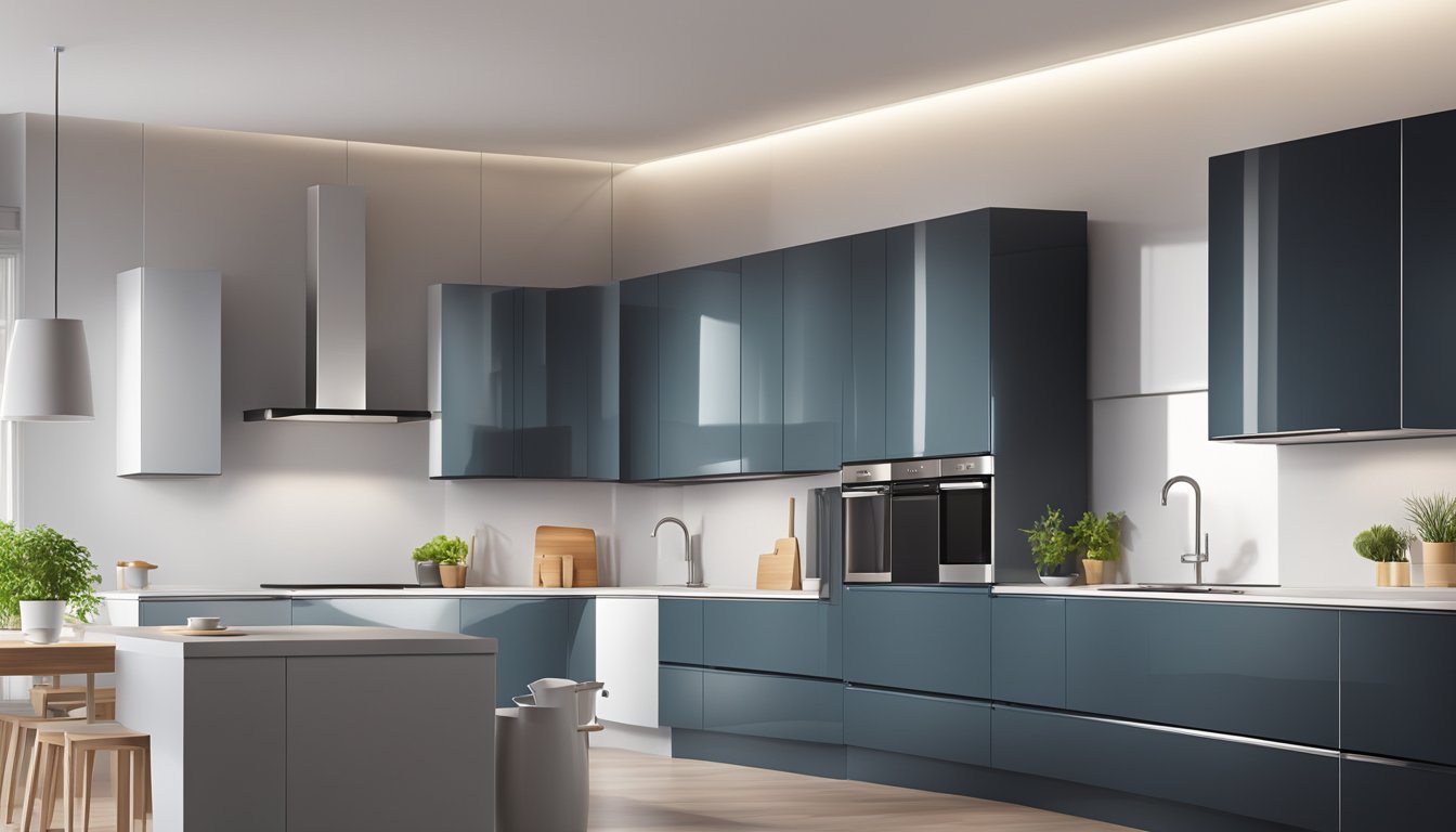 Tall kitchen cabinets stand against the wall, their sleek design and shiny handles catching the light from the window