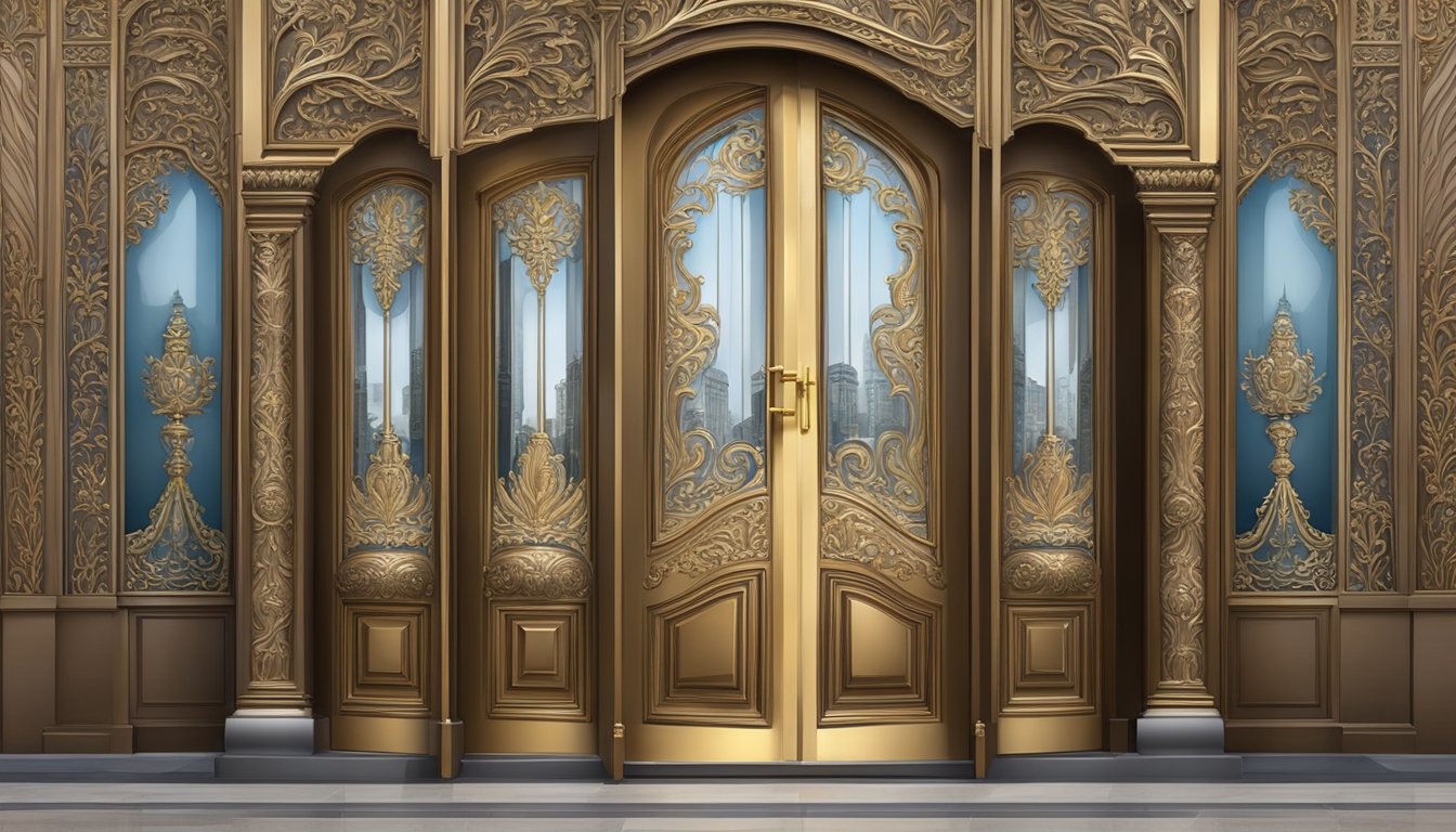 A grand double door stands tall, with intricate carvings and polished brass handles