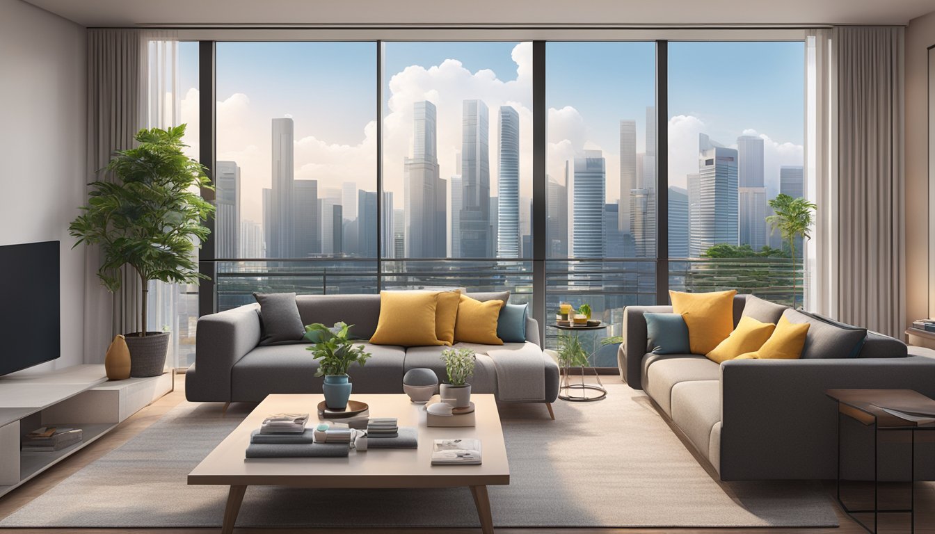 A cozy living room in Singapore with a modern sofa, colorful throw pillows, a sleek coffee table, and a large window overlooking the city skyline