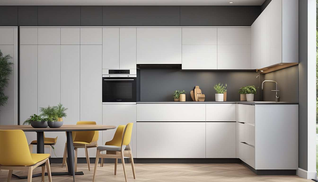 Tall kitchen cabinets stand against a blank wall, showcasing sleek, modern design with clean lines and ample storage space