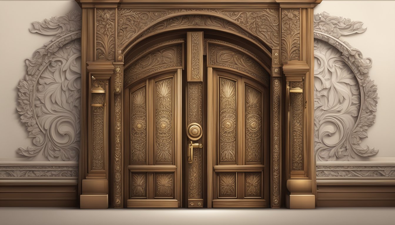 Two ornate wooden doors with intricate carvings and decorative metal handles stand side by side, creating a grand and elegant entrance