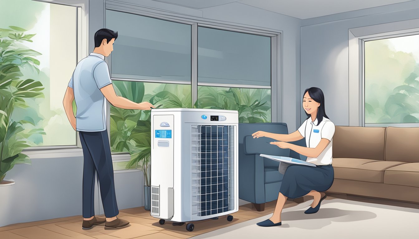 A customer service representative assists a client with a Midea air conditioner in Singapore, providing after-sales support and care