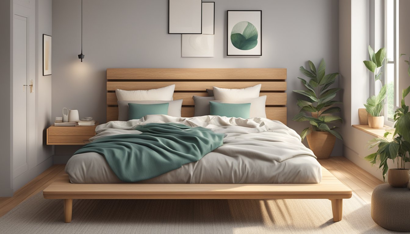 A cozy bedroom with an organic latex mattress placed on a wooden bed frame, surrounded by soft, natural bedding and pillows