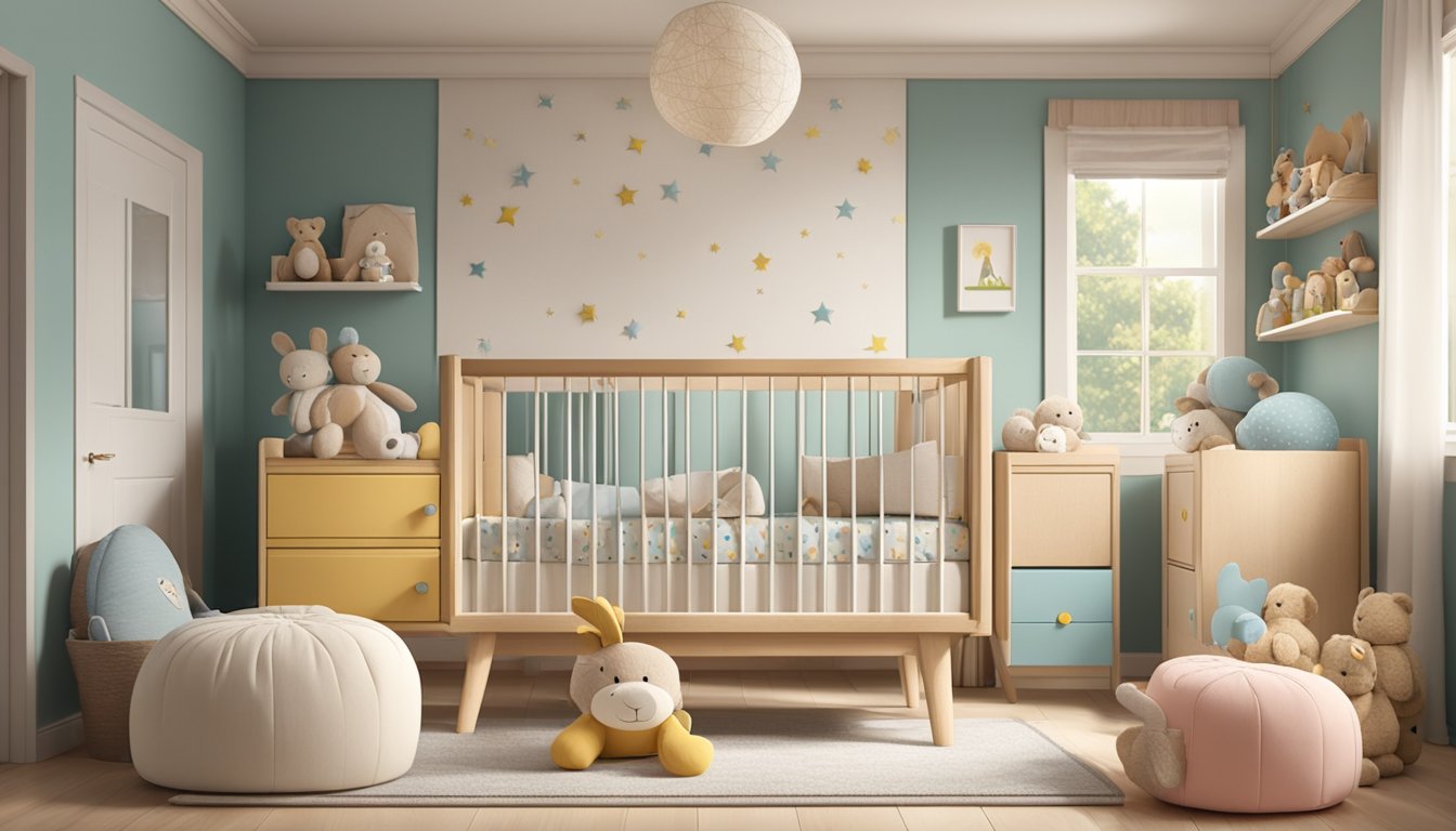 A crib mattress lies on a wooden frame in a cozy nursery, surrounded by soft toys and a mobile hanging overhead