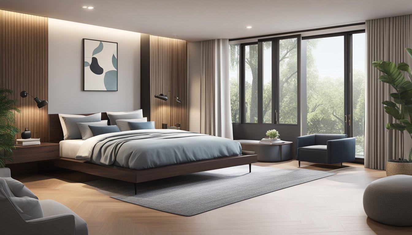 A sleek, modern bed frame sits in a well-lit bedroom, surrounded by minimalist decor. The frame is made of dark wood with clean lines and a low profile, exuding a sense of sophistication and comfort