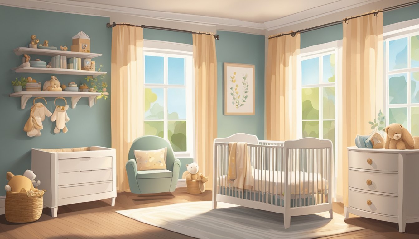A cozy nursery with a crib and a soft, breathable mattress. A gentle breeze flows through the open window, casting a warm, comforting glow over the room