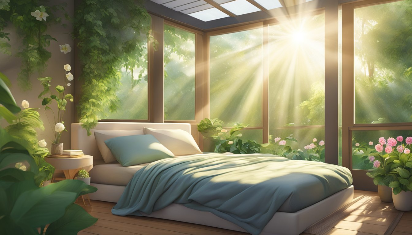 An organic latex mattress surrounded by lush greenery and blooming flowers, with rays of sunlight streaming through a window onto the bed, creating a peaceful and natural atmosphere