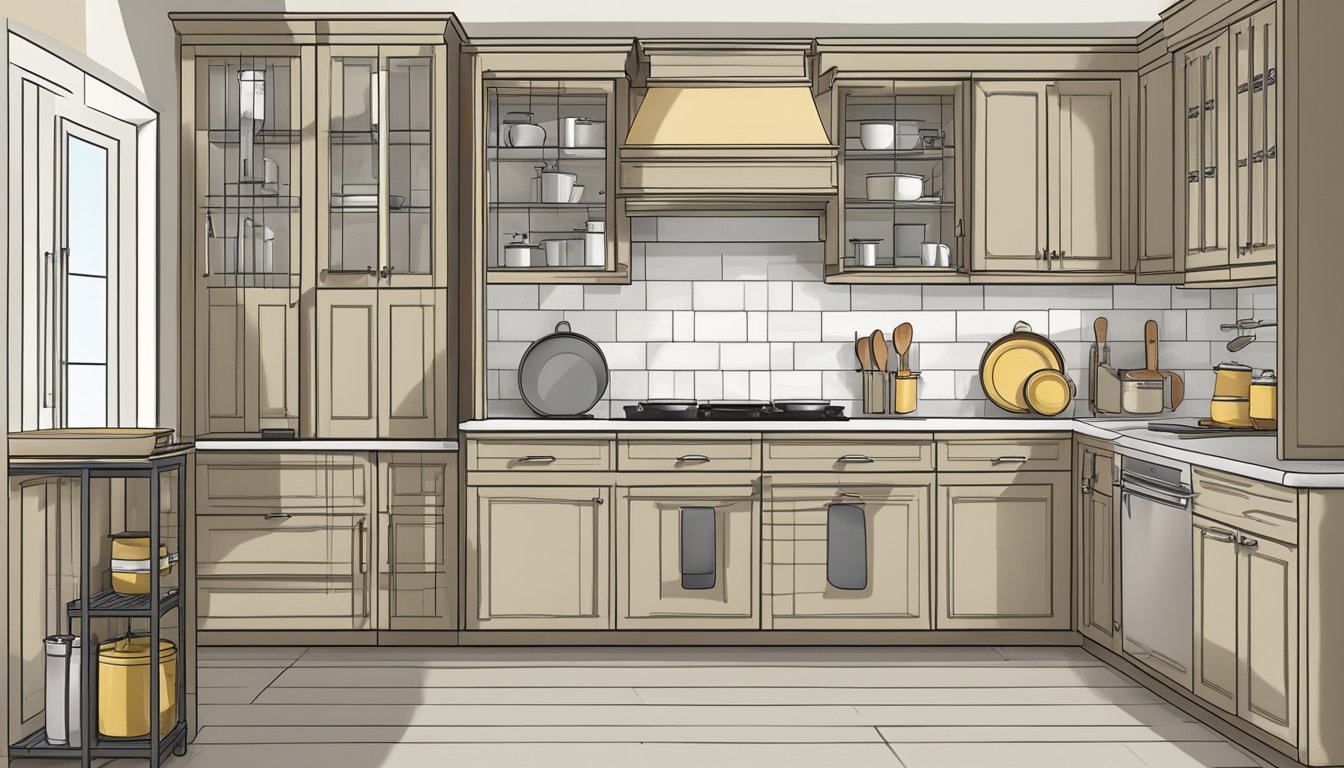 Tall kitchen cabinets neatly arranged with kitchen essentials, such as pots, pans, and utensils, organized and easily accessible