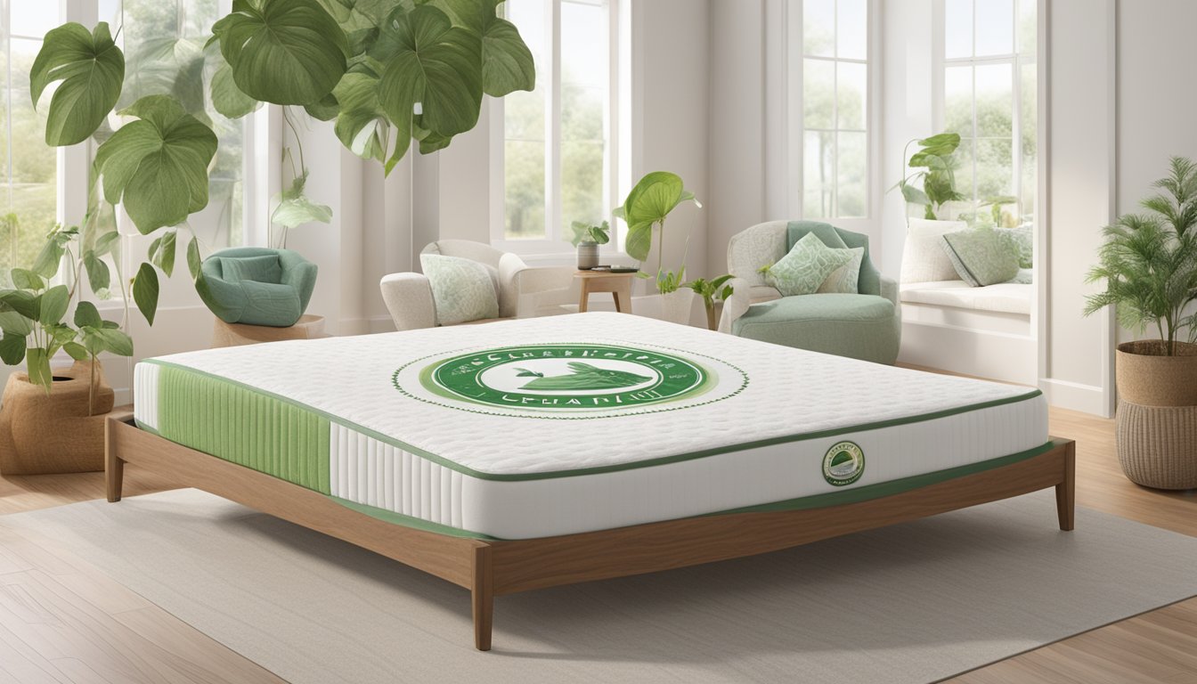 A certification seal on a natural latex mattress, surrounded by images of organic materials and quality indicators