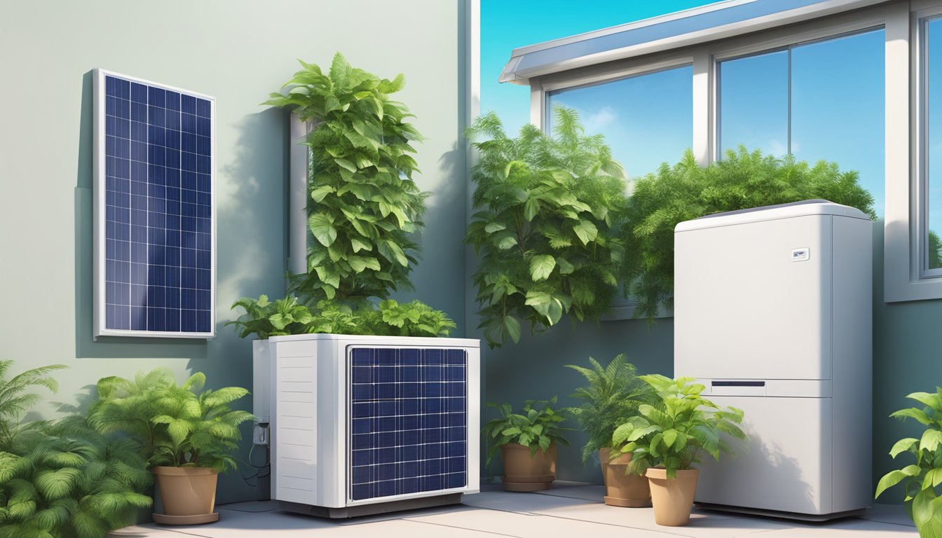 A modern aircon unit surrounded by green plants, solar panels, and energy-efficient appliances, with a clear blue sky in the background