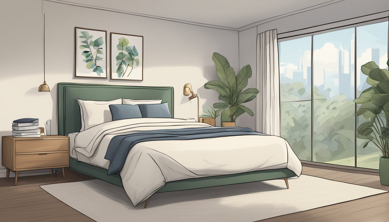 A serene bedroom with a neatly made bed showcasing a luxurious organic latex mattress, accompanied by a stack of informative pamphlets labeled "Frequently Asked Questions."