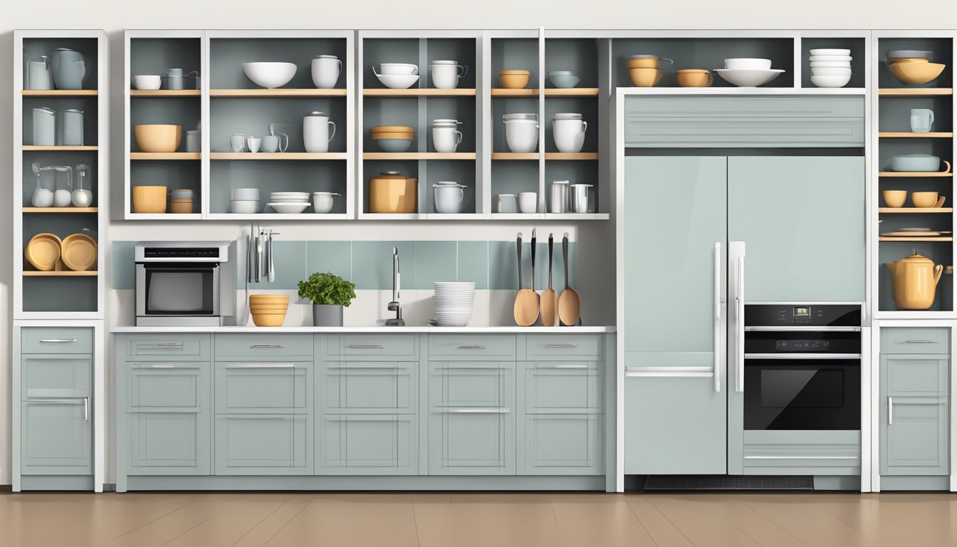Tall kitchen cabinets arranged neatly with labeled shelves and open doors, showcasing various kitchenware and appliances