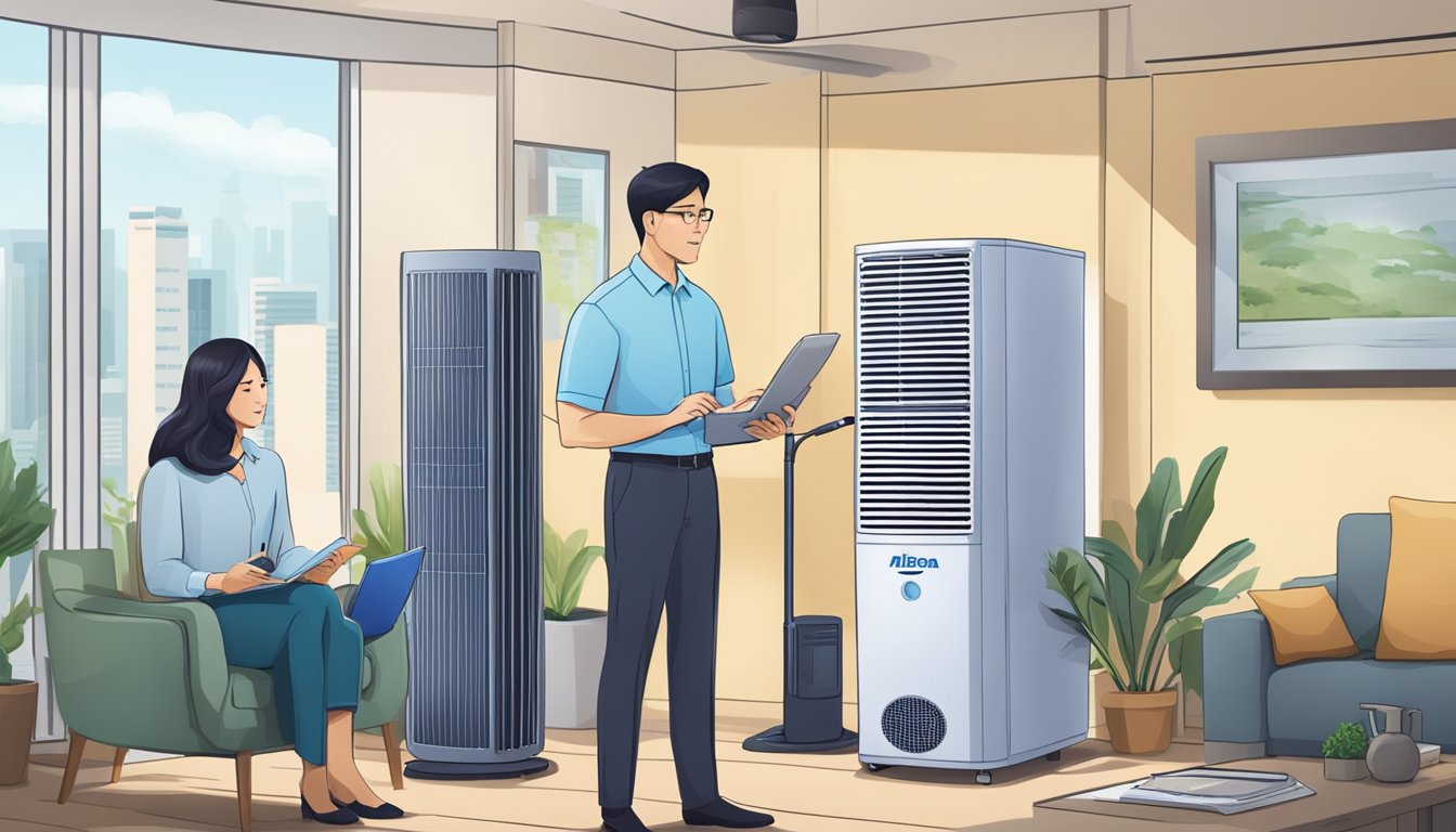 A customer service representative answering questions about Midea air conditioners in a Singapore setting