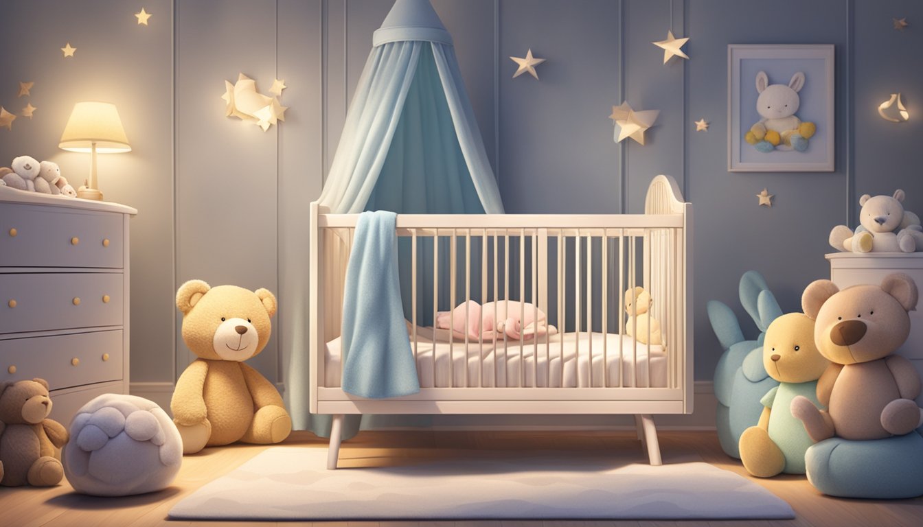 A baby peacefully sleeping on a comfortable crib mattress in a cozy nursery, surrounded by soft toys and a soothing nightlight