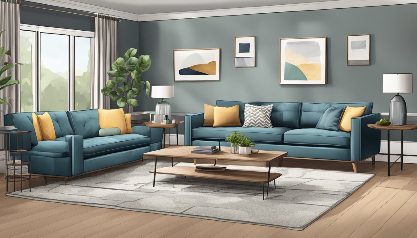 A living room with various sofa styles: modern, sectional, chesterfield, and loveseat, arranged in a spacious and well-lit area