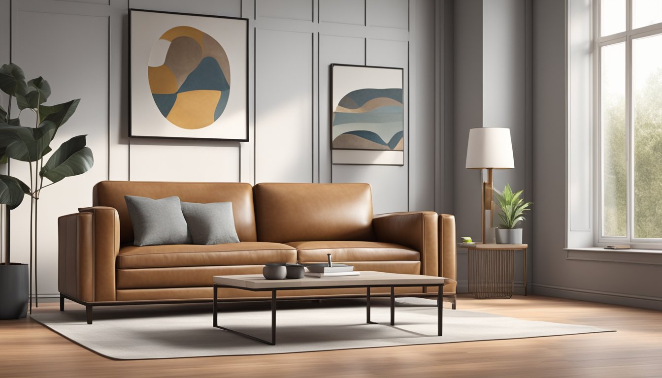A genuine leather sofa in a modern living room, with a sleek design and clean lines, set against a backdrop of neutral colors and natural light