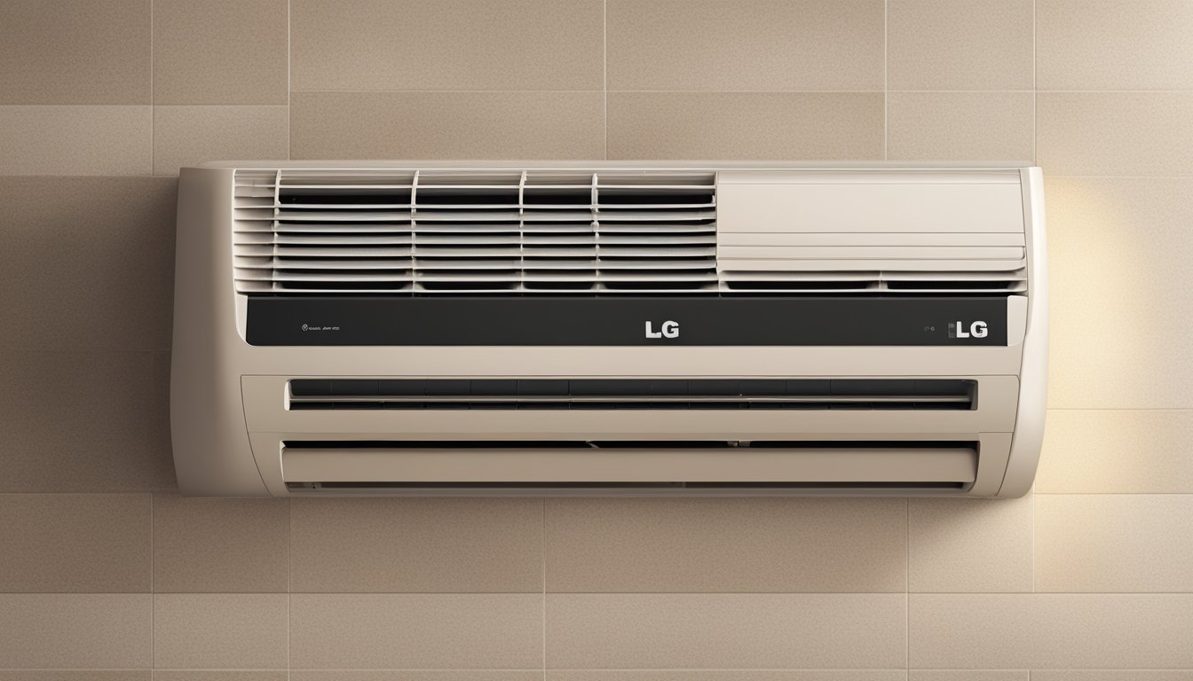 An old model LG gold air conditioner mounted on a wall