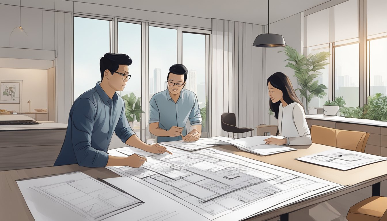 A renovation contractor and interior designer discuss plans in a modern Singapore home. Blueprints and design samples are spread across a sleek, minimalist table