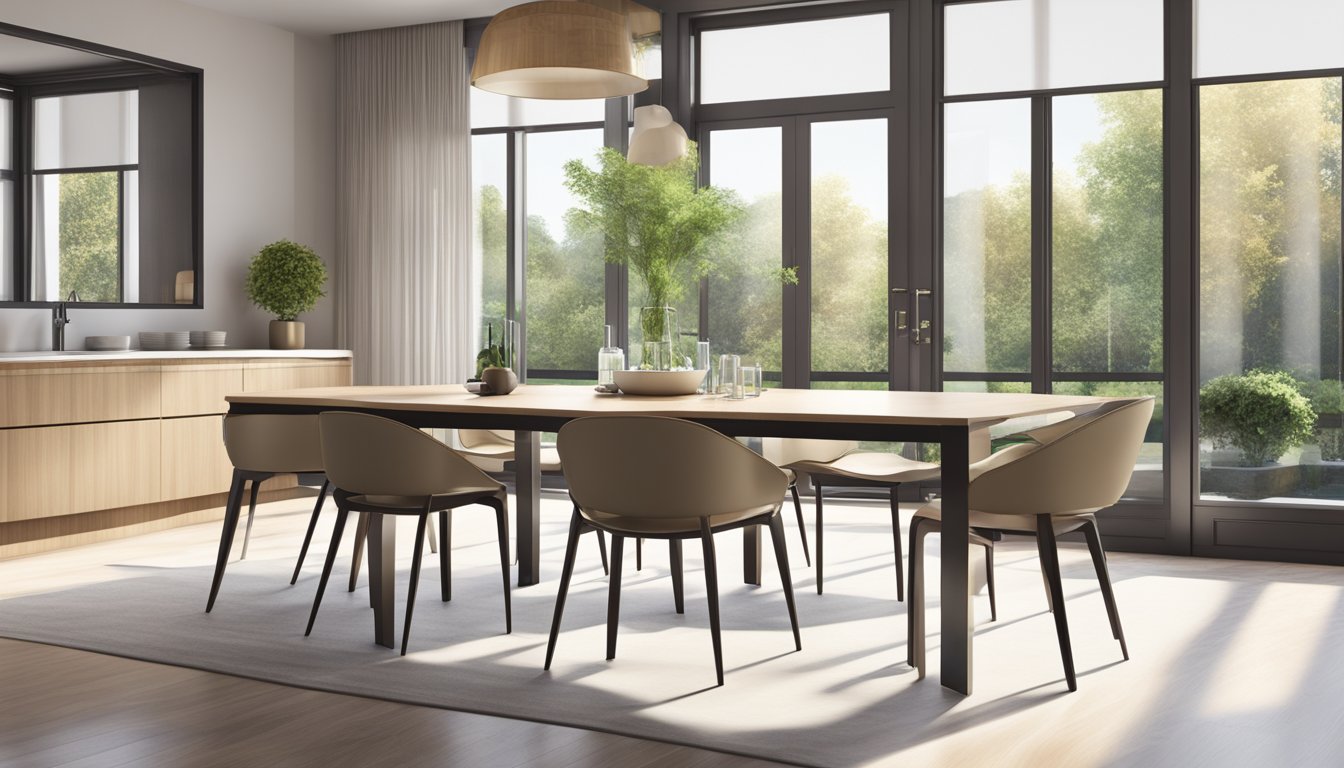 A modern kitchen dining set with sleek chairs and a polished table, bathed in natural light from a large window