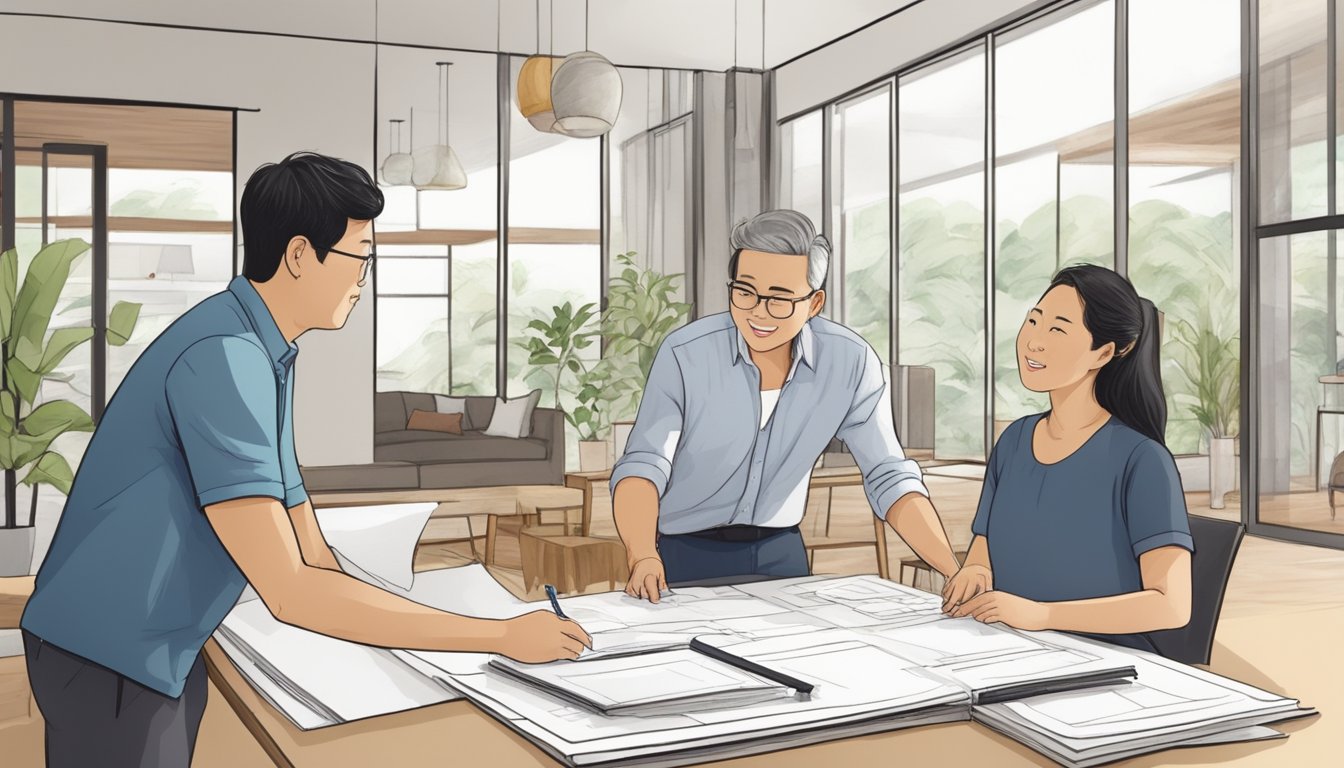 A renovation contractor and interior designer collaborate on a modern Singaporean home, discussing plans and materials