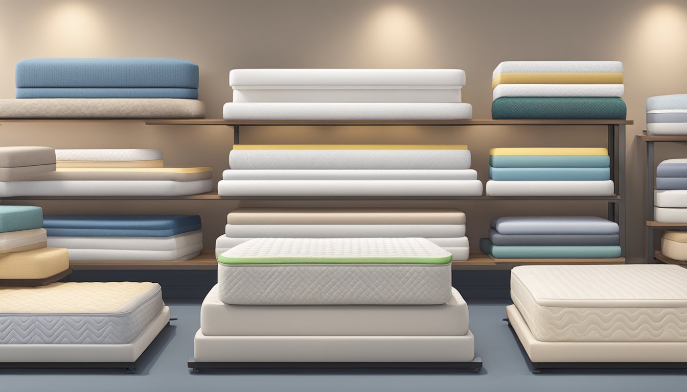 Various mattresses lined up in a showroom. Memory foam, innerspring, and latex types are neatly displayed with different firmness levels