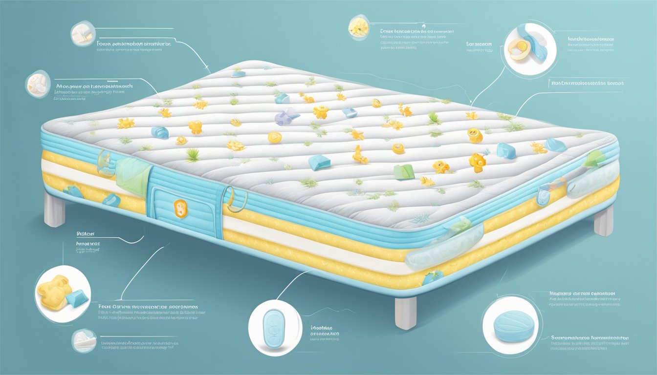 A baby mattress surrounded by safety symbols and features, with a protective barrier and breathable materials