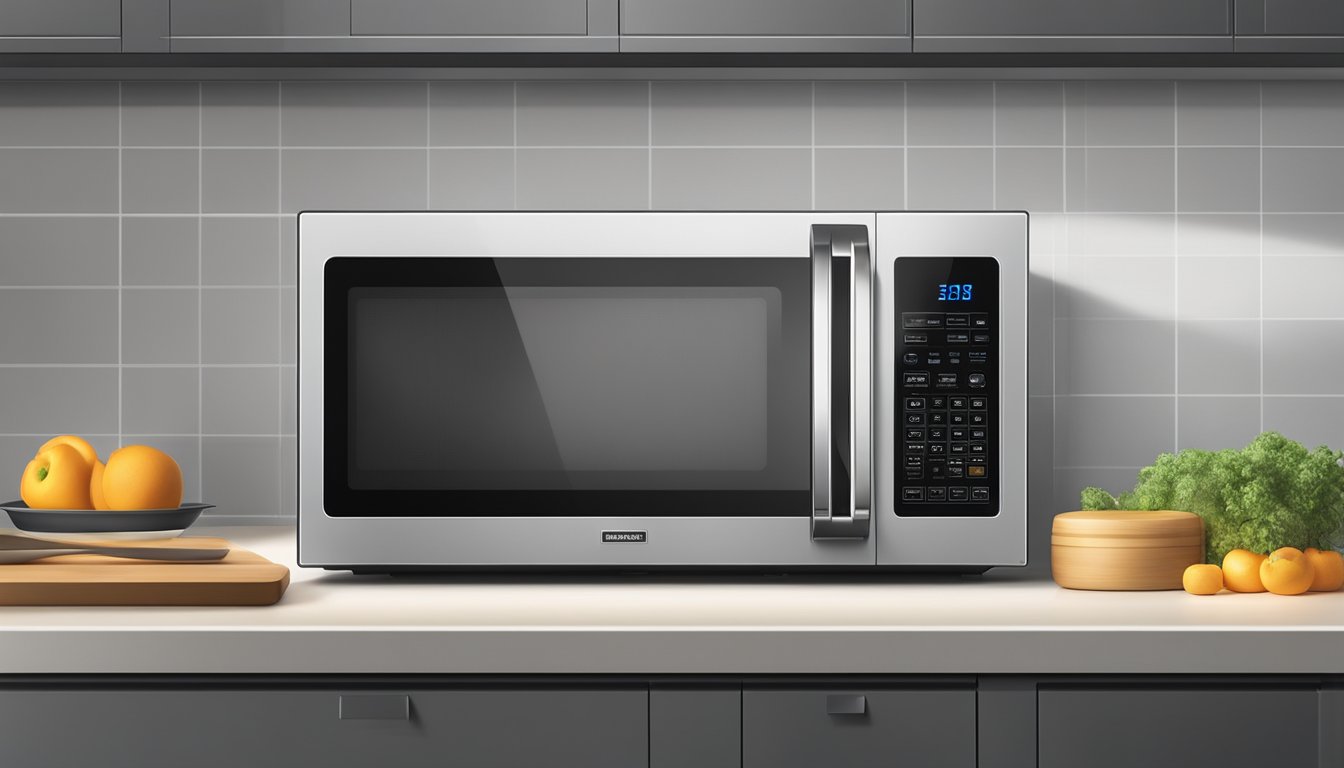 A large microwave sits on a kitchen counter, its digital display glowing with the current time. The door is closed, and the interior light is off