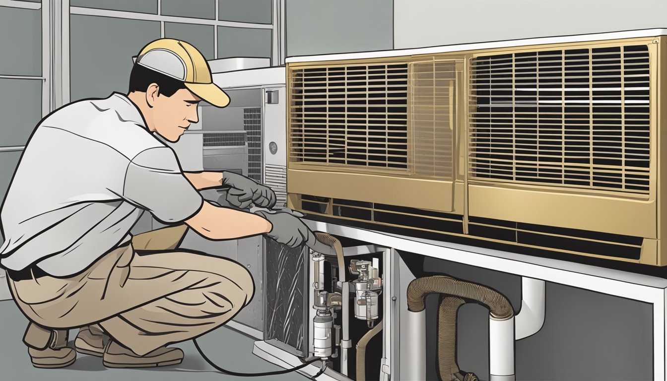 A technician performing maintenance on an old LG Gold air conditioner model, cleaning filters and checking for any issues